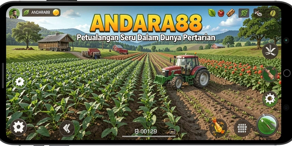 Tampilan layar utama <strong>ANDARA88</strong> menampilkan kebun yang indah dan aktivitas bercocok tanam.