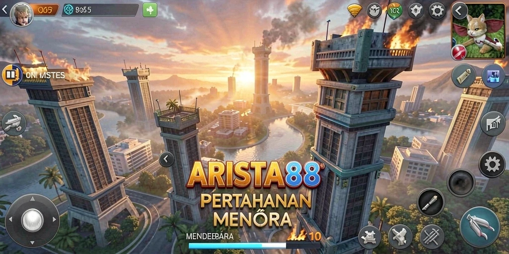 Tampilan gameplay ARISTA88 yang mendebarkan dalam pertahanan menara.