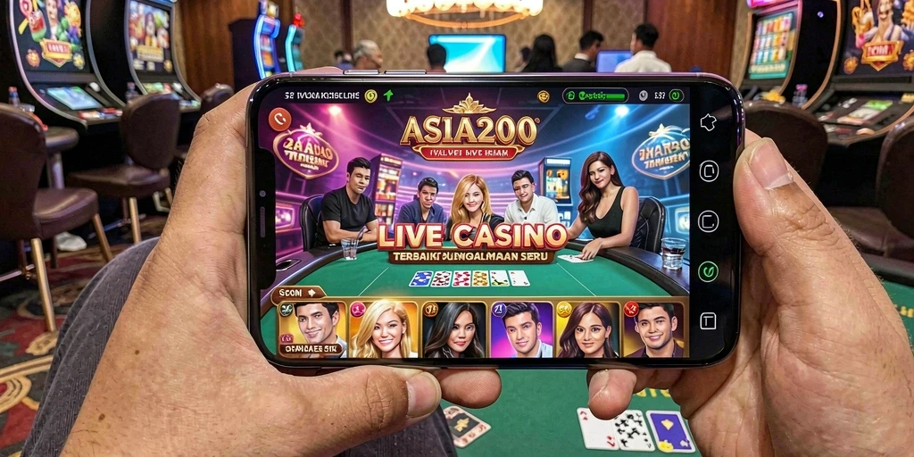 Screenshot gameplay ASIA200 yang menampilkan dealer langsung di kasino.