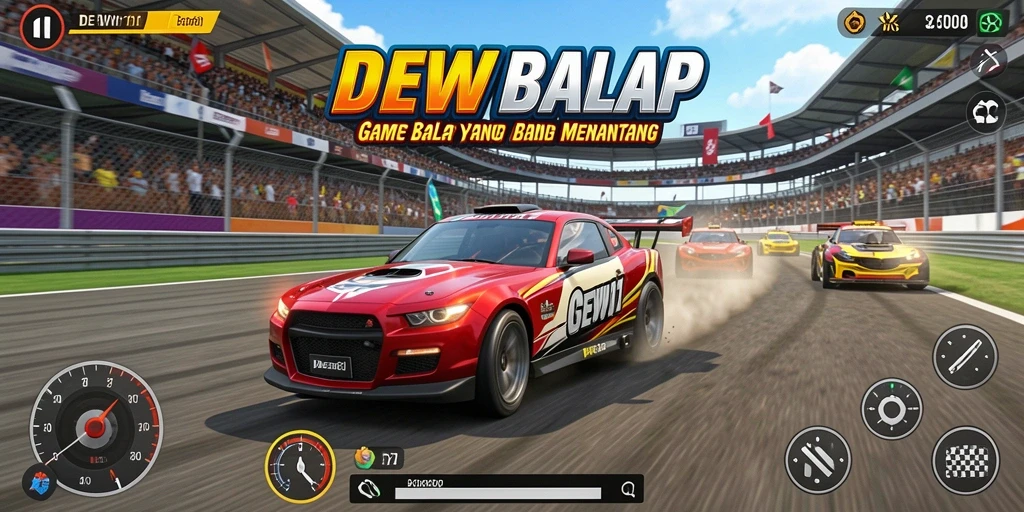 Tangkapan layar gameplay <strong>DEWI11</strong> yang menunjukkan balapan seru dan kendaraan yang keren.