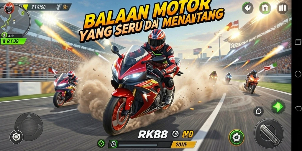 Tampilan gameplay RK88 yang mendebarkan saat balapan motor.
